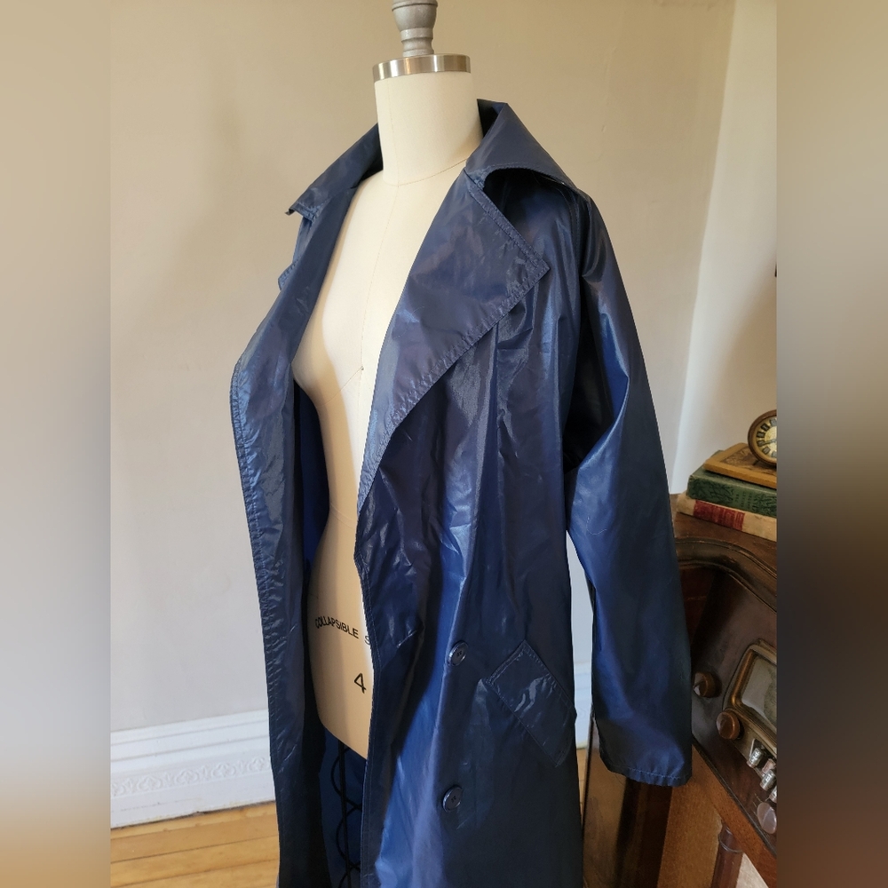 Totes Shiny Blue Women's Trench Rain Coat Jacket Navy OSFM - Picture 6 of 8